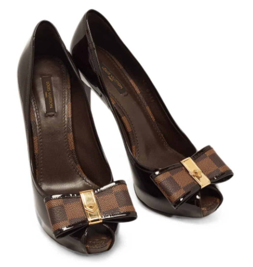 Louis Vuitton Ebene Patent Leather Valentine Peep-Toe Pumps with Bow Brown EU 37